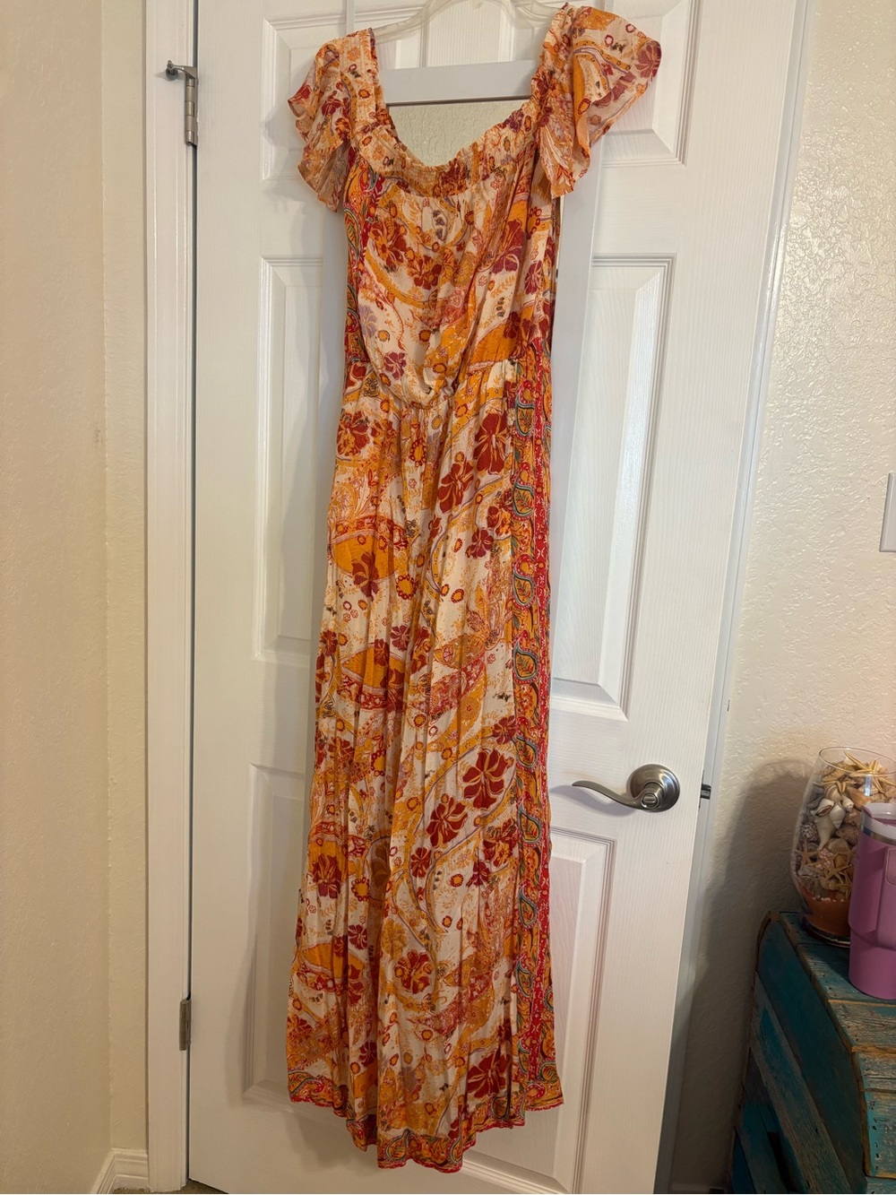 Free People Cream Floral Smocked Off-Shoulder jumpsuit